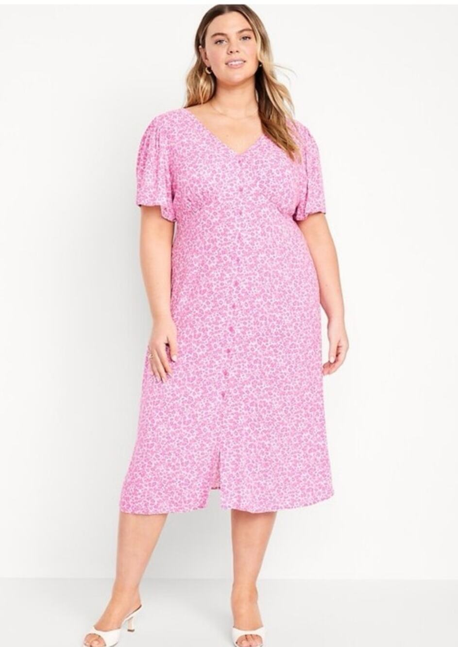 Old Navy Pink Ditsy Floral Midi Dress Cottagecore Waist Defined Size M